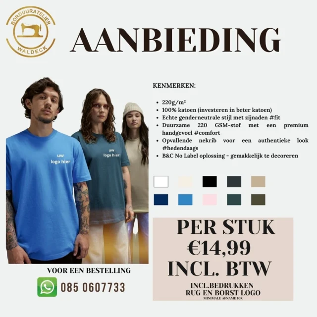 Ben je op zoek naar voordelige T-shirts die je kunt laten bedrukken? Dan ben je bij ons aan het juiste adres! Wij bieden een breed scala aan betaalbare T-shirts die perfect zijn voor elk soort bedrukking, of het nu gaat om een bedrijfslogo, een uniek ontwerp of een speciaal evenement. Onze T-shirts zijn van hoge kwaliteit en beschikbaar in diverse maten, kleuren en stijlen, zodat je altijd iets kunt vinden dat aan jouw wensen voldoet. Neem gerust contact met ons op voor meer informatie over onze producten, het bedrukking proces en onze scherpe prijzen. We staan klaar om al je vragen te beantwoorden en je te helpen bij het maken van de beste keuze!